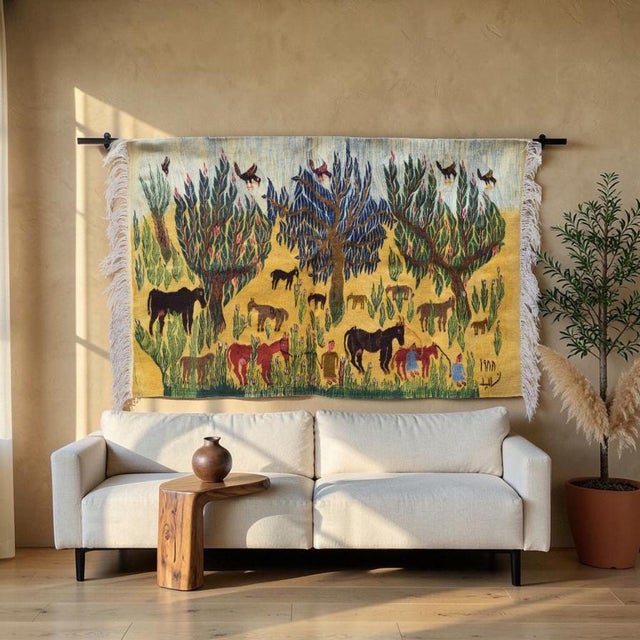 “Golden Meadow of the Nile Countryside” Step into the warmth of rural Egypt with this rare vintage 1988 tapestry by Zayed,...