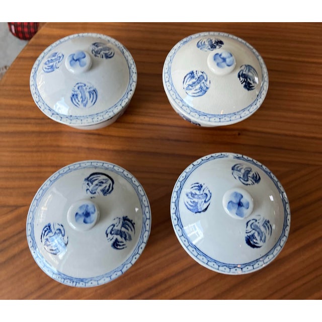 1960s 1960s Chinese Lidded Rice Bowls in Blue & White-Set of 4 For Sale - Image 5 of 10