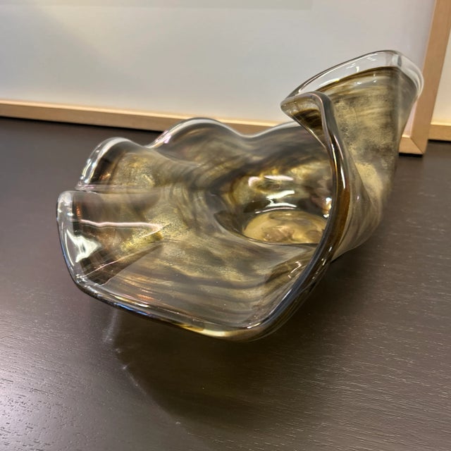 Abstract Gold Brown and Copper Color Blown Art Glass Pinched Rim Bowl For Sale - Image 3 of 11