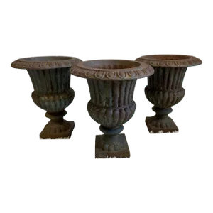French Campana Urn Style Fluted Cast Iron Planters - Set of 3