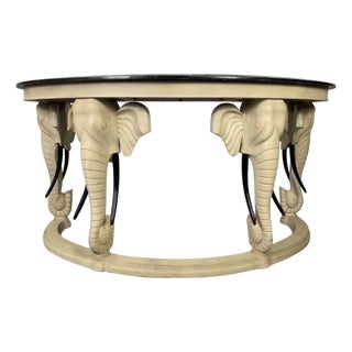 1990s Carved Wood Elephants With Tessellated Stone Top Desk For Sale