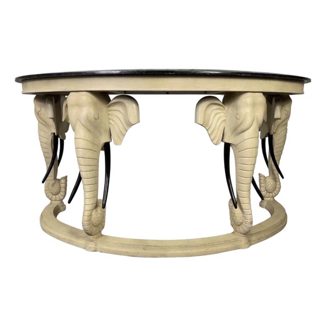 1990s Carved Wood Elephants With Tessellated Stone Top Desk For Sale