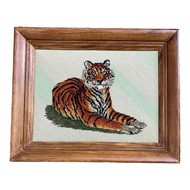 1960’s Original Tiger Needlepoint Original Oak Frame For Sale