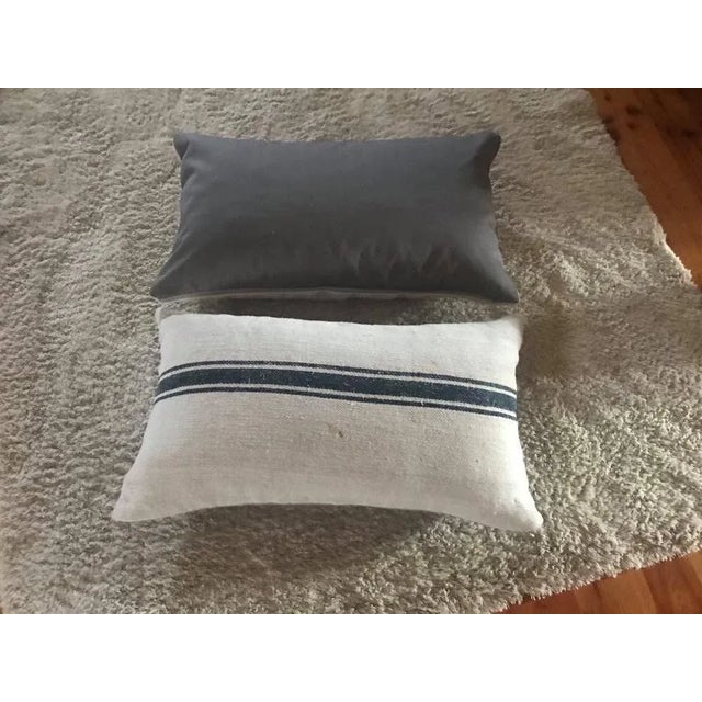 1950s Mid-Century Hungarian Grain Sack & Linen Pillows with Navy Stripe, Set of 2 For Sale - Image 5 of 7