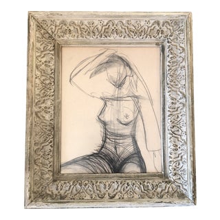 Original Vintage Female Nude Charcoal Study Drawing Vintage Frame For Sale
