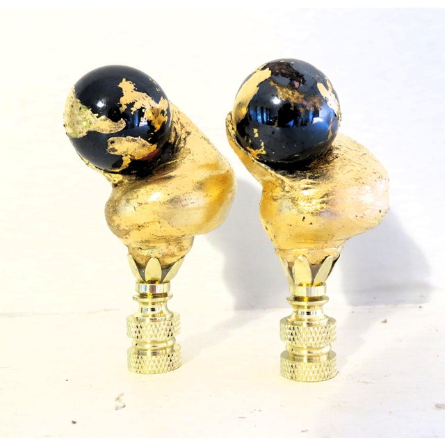 Gold Leaf Fiji Shell Lamp Finials With Black Blown Murano Glass, a Pair by C. Damien Fox For Sale In Houston - Image 6 of 6