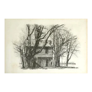 Vintage Realist Winter Landscape With Abandoned Home, Framed (C. 1965, Graphite on Paper)