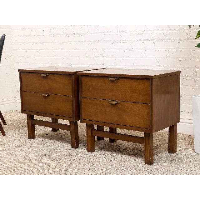 Pair of Vintage Mid-Century Modern Walnut Two-Drawer Formica Top Nightstands For Sale - Image 4 of 7