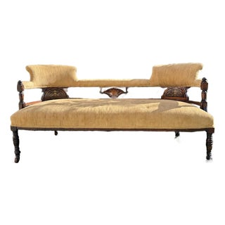 Antique Victorian Eastlake Style Upholstered Settee With Decorative Inlay, Late 19th Century For Sale