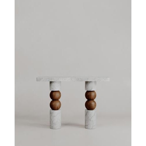 Limited Edition, Stacked Walnut Spheres White Marble Perle Console By Esther Knopfler Dimensions: L 125 x W 33 x H 90 cm....