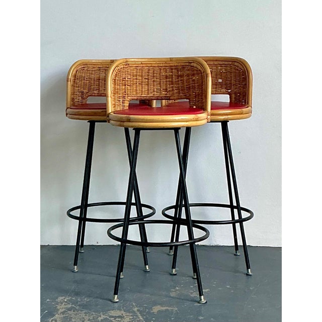 Vintage Rattan and Metal Bar Stools - Set of 3 For Sale - Image 12 of 14