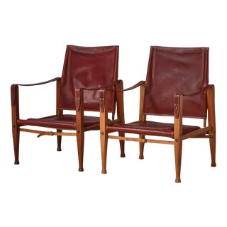 Set of Safari Lounge Chairs in Red Leather and Ash attributed to Kaare Klint for Rud. Rasmussen, 1950s For Sale