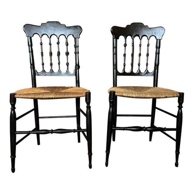 Early 20th Century Pair of Antique Chiavari Italian Style Rush Seat Chairs For Sale