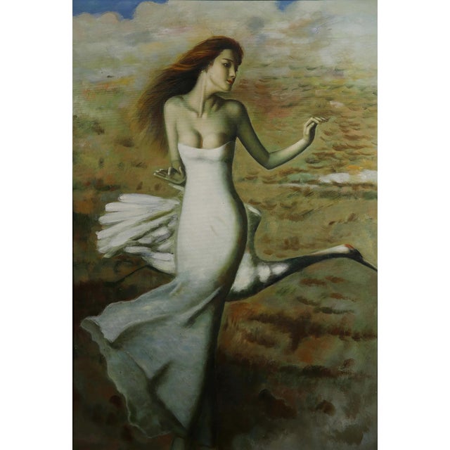 Unknown artist. Acrylic on canvas 35" x 24" frame: 41.5" x 30.5" Woman in white with a swan. Unsigned.