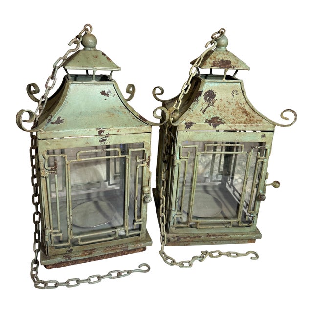 Pair of Vintage Metal Chinoiserie Pagoda-Style Hanging Lanterns With Weathered Sage Green Finish For Sale