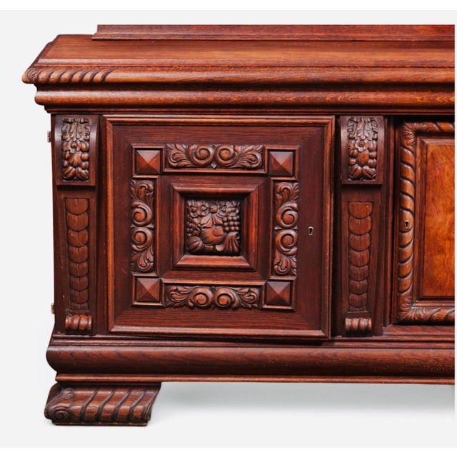 Mid 20th Century Monumental Carved Baroque Style Credenza With Figured Wood Panels — 102″ Wide For Sale In Los Angeles - Image 6 of 12