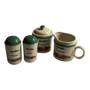 Mid 20th Century Strawberry Ceramic Kitchen Set of Sugar Creamer Salt Pepper