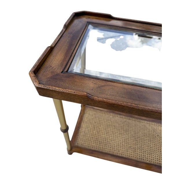 Vintage Hollywood Regency Faux Bamboo Brass Console Table With Cane Shelf & Double Glass Top | Chinoiserie Campaign Entry Table For Sale - Image 11 of 12