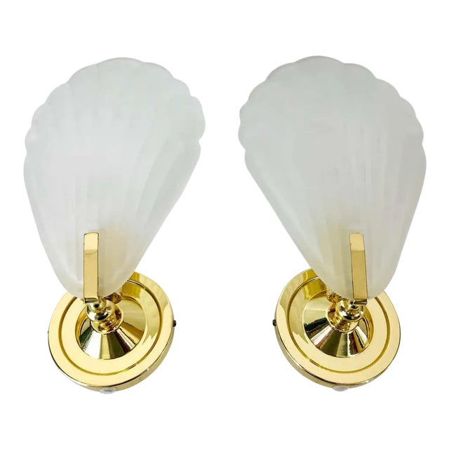 1980s Shell Shaped Brass and Glass Wall Lamps - A Pair For Sale