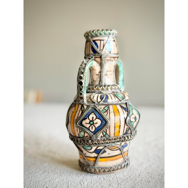 Late 19th Century Antique Moroccan Hand-Painted Ceramic Vase With Intricate Metal Filigree Overlay, Double Handle Moorish Vessel For Sale - Image 5 of 9