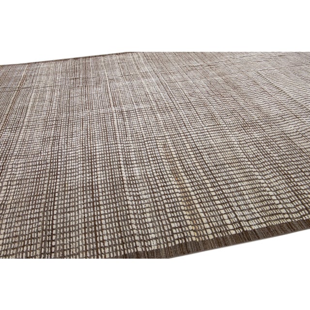 Textile Modern Moroccan Style Handmade Brown Wool Rug With Minimalist Design For Sale - Image 7 of 8