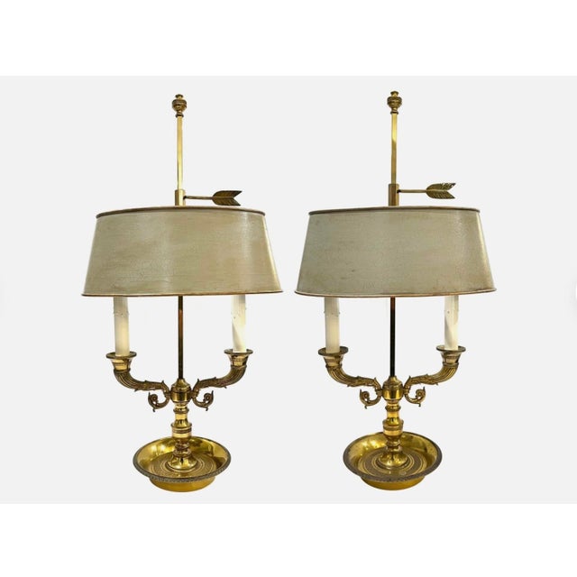 Pair of Vintage Gilt Brass Bouillotte Lamps With French Gray Tole Shades For Sale - Image 17 of 17