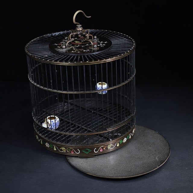 Traditional Late 19th Century Dark Wood Birdcage With Mother-of-Pearl Inlay and Porcelain Cups For Sale - Image 3 of 10