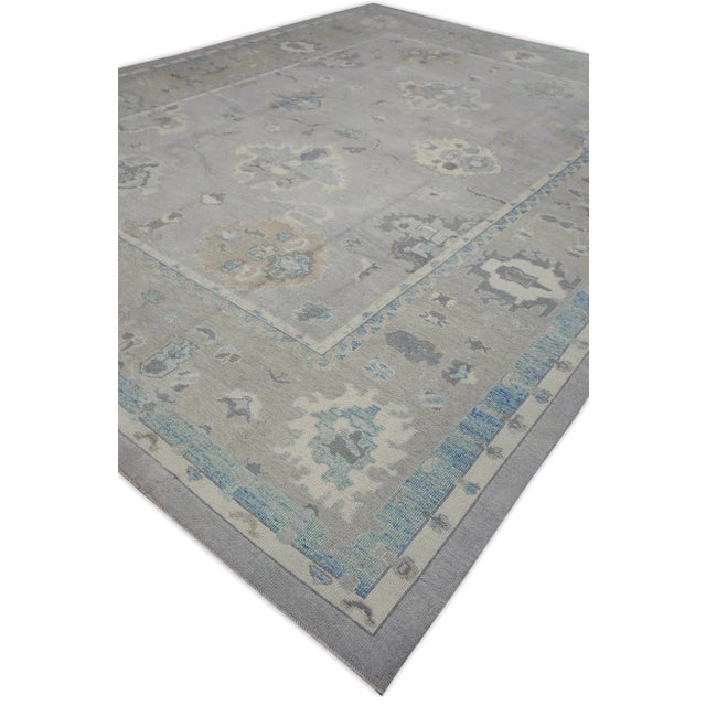 Early 21st Century Early 21st Century Gray & Blue Floral Design Handwoven Wool Turkish Oushak Rug 12' X 16'1" For Sale - Image 5 of 8