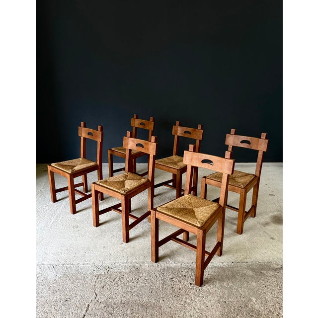 Vintage Midcentury Brutalist in design Rustic Oak Dining Chair Set, made in Belgium 1960's period. Solid oak constructed...