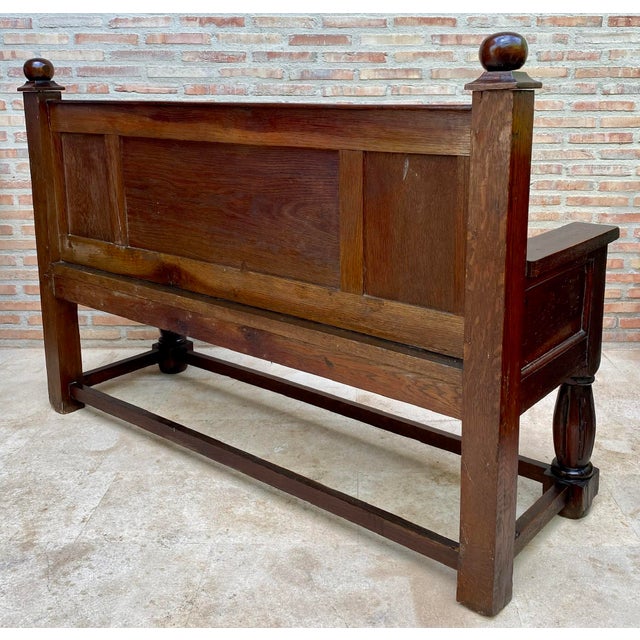 Antique Spanish Oak Bench With Paneled Back and Turned Legs For Sale - Image 12 of 14