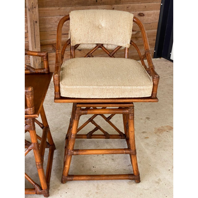 Brown Vintage Coastal Chippendale Rattan Swivel Counter Stools-Pair For Sale - Image 8 of 12