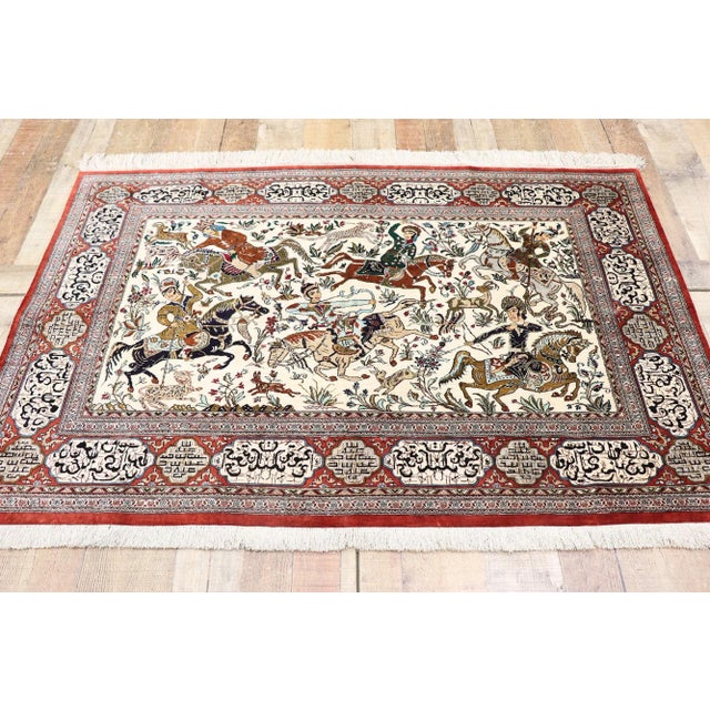 Textile Vintage Persian Silk Qum Hunting Rug - 03'04 X 05'00 For Sale - Image 7 of 9