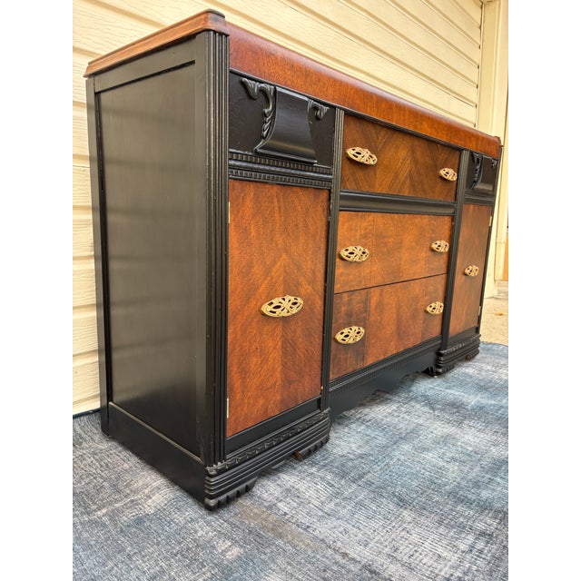 Vintage Art Deco Waterfall Sideboard or Buffet Featuring Burl Wood Veneers, Black-Painted Accents, and Ornate Brass Hardware For Sale - Image 11 of 12