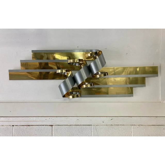 Curtis Jere Curtis Jere Postmodern Metal Wall Sculpture | Vintage Brass & Steel Wave Wall Art | Modern Sculptural Decor For Sale - Image 4 of 10