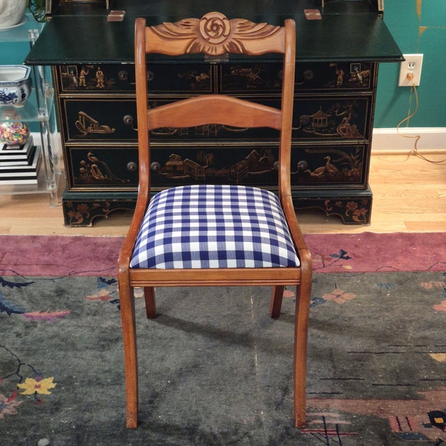 Vintage Duncan Phyfe Style Rose Carved Mahogany Side Chair Blue Gingham - World's sturdiest chair. Absolutely no movement...