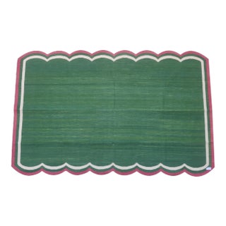 Handmade Cotton Scalloped Rug, Green with Cream and Raspberry Border - 6'x9' For Sale