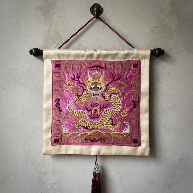Asian Asian Square Magenta Golden Dragon Bats Blossom Flower Fabric Display Art For Sale - Image 3 of 9