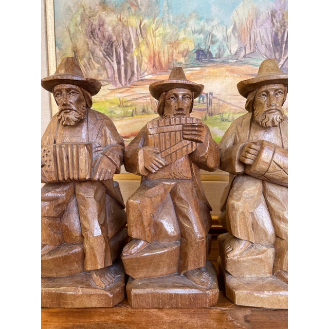 Vintage Hand-Carved Wood Folk Art Musician Figurines, Set of 4 Seated Players For Sale - Image 4 of 11