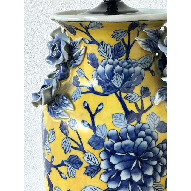 Vintage Boho Blue Rose Glazed Ceramic Vase Lamps - A Pair For Sale - Image 4 of 12