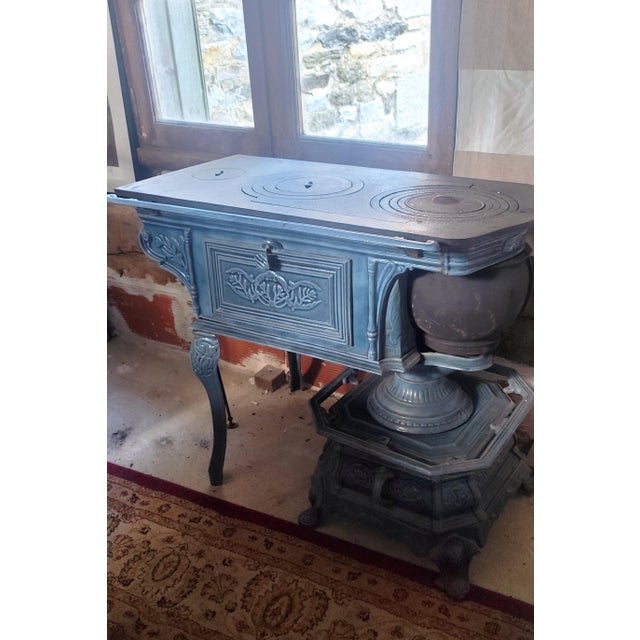French Green Enamelled Cast Iron Wood Burning Stove For Sale - Image 3 of 6