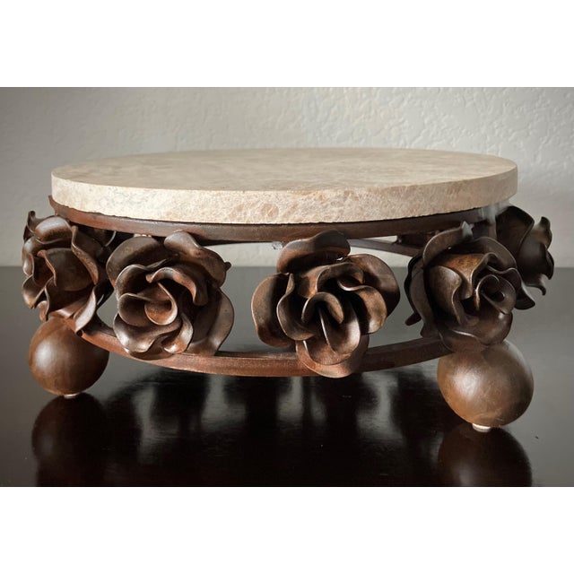 Late 20th-Century Hand-Forged Iron Rose & Travertine Circular Dessert Stand in the Manner of Jan Barboglio For Sale - Image 18 of 18