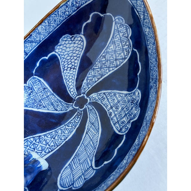 Vintage Chinese Man Blue White Porcelain Chinoiserie Oval Bowl For Sale - Image 9 of 13