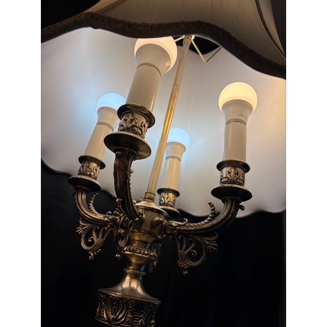 Silver French 19th‑Century Louis XVI Style Four‑Arm Silver Candelabra Lamps — A Pair For Sale - Image 8 of 12