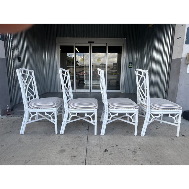 White Late 20th Century Palm Beach Regency Chinese Chippendale Rattan Chairs With Fat Seats - Set of 4 For Sale - Image 8 of 11