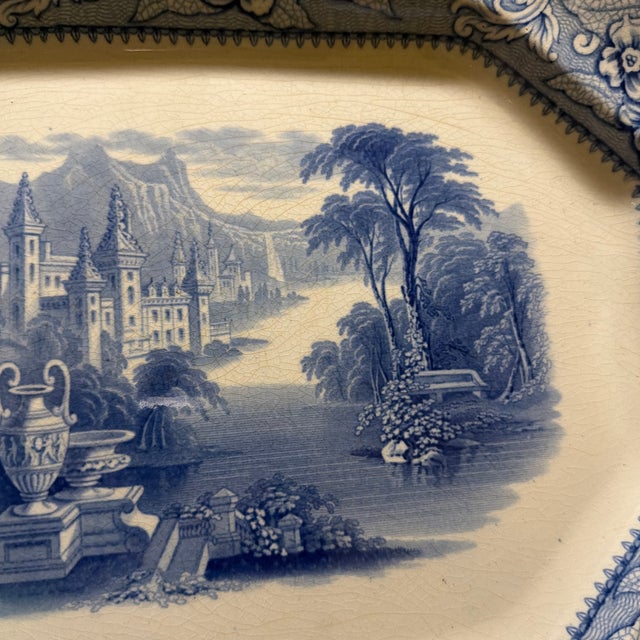 Mid 19th Century Antique English Blue Transfer Ironstone Octagonal Platter, River and Castle Scene, Circa Mid-19th Century For Sale - Image 5 of 12