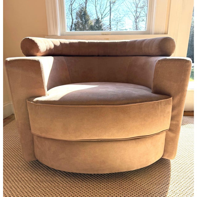 Roche Bobois Roche Bobois Sculptural Circular Swivel Lounge Chair in Camel Suede Attributed to Vladimir Kagan For Sale - Image 4 of 18