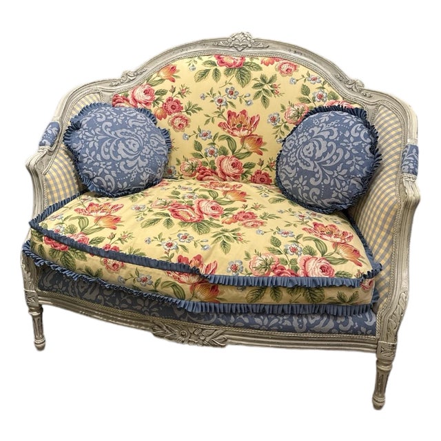 Custom Upholstered Hickory French Provincial Settee For Sale