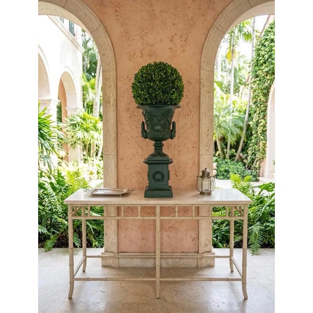 Vintage Neoclassical Cast Iron Garden Urn on Wreath Pedestal - Hunter Green For Sale - Image 10 of 12