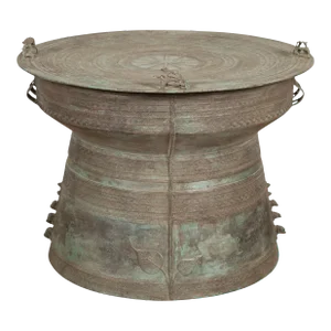 Laotian Style Vintage Bronze Rain Drum with Geometric Motifs and Frog Finials