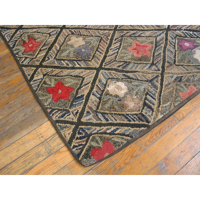 1880s Brown Diamond Folk Art Antique American Hooked Rug 4'4" X 4'9" Handknotted Wool Carpet For Sale - Image 4 of 4
